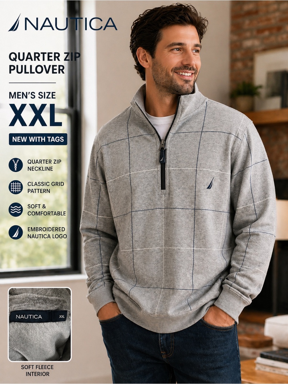 Nautica Men's Grey Grid Quarter-Zip Pullover